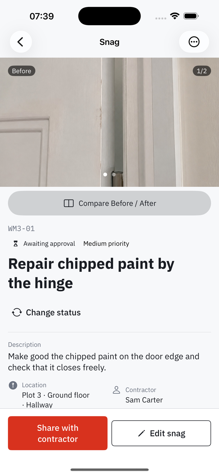 Snaglist on iPhone: snag WM3-01, Repair chipped paint by the hinge, with its before photo, location Plot 3 ground-floor hallway, contractor Sam Carter and the Share with contractor button