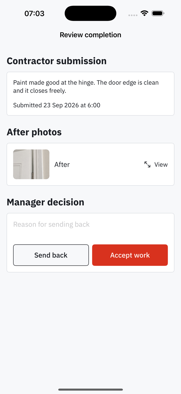 Snaglist on iPhone: Review completion, showing the contractor’s note, an after photo, and the Send back and Accept work buttons