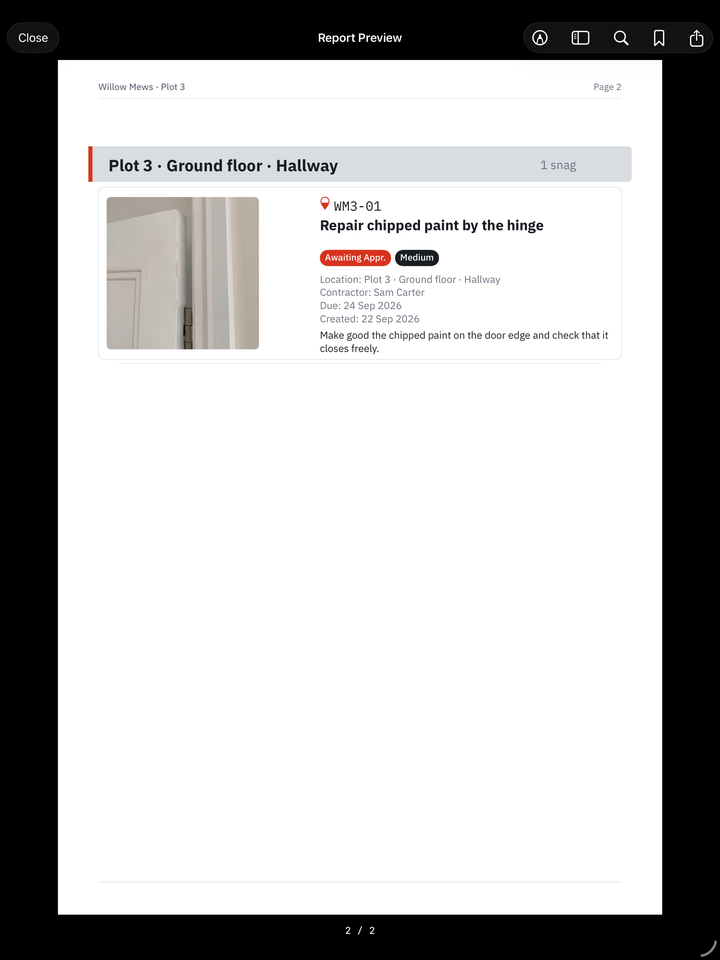Snaglist PDF report on iPad: snag WM3-01 awaiting approval, with its original photograph, description, location and contractor